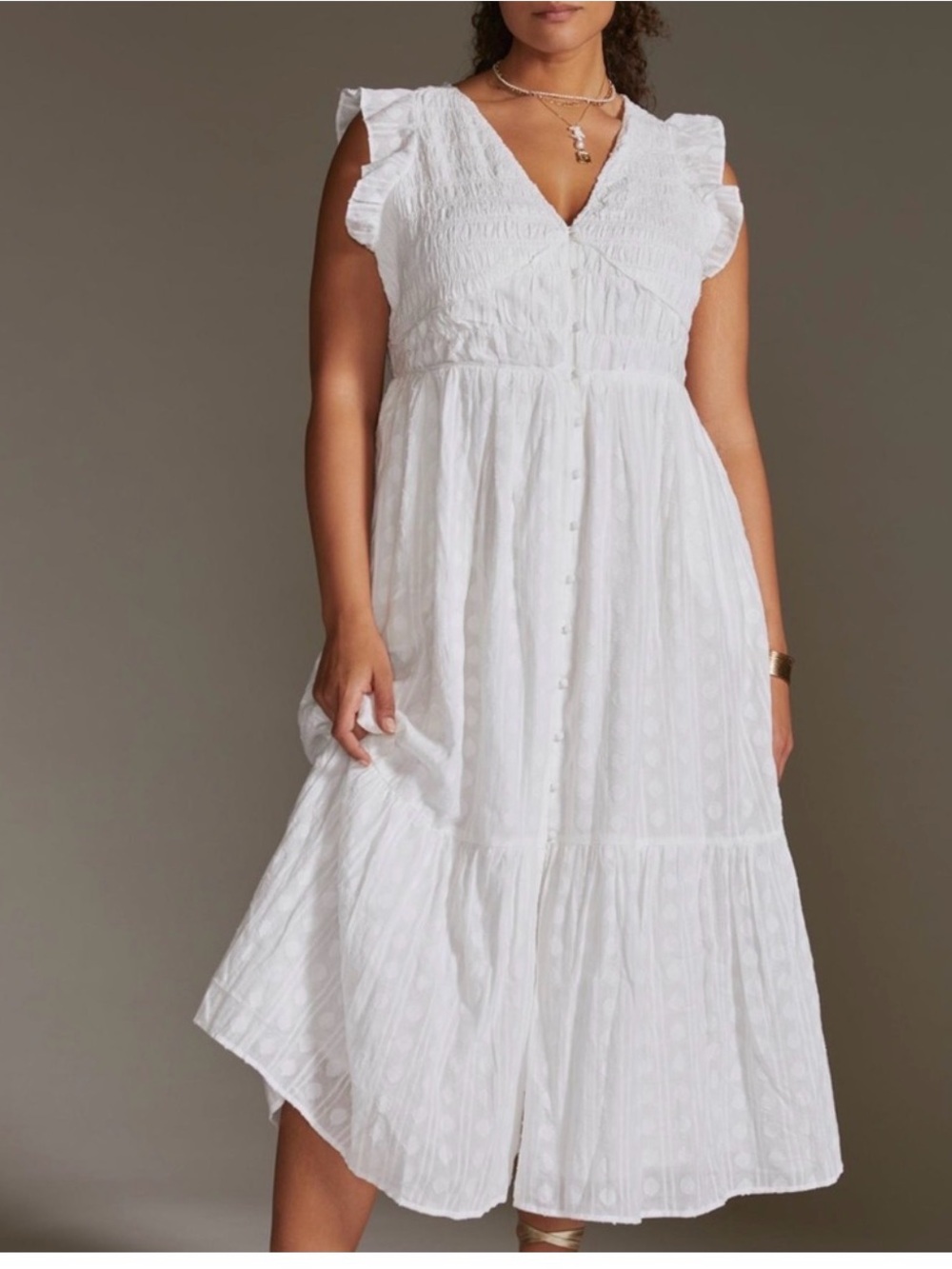 Anthropologie White Button-Front Midi Dress with Ruffle Sleeves